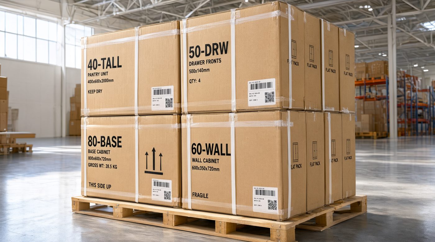 Flat-packed numbered kitchen modules in cartons