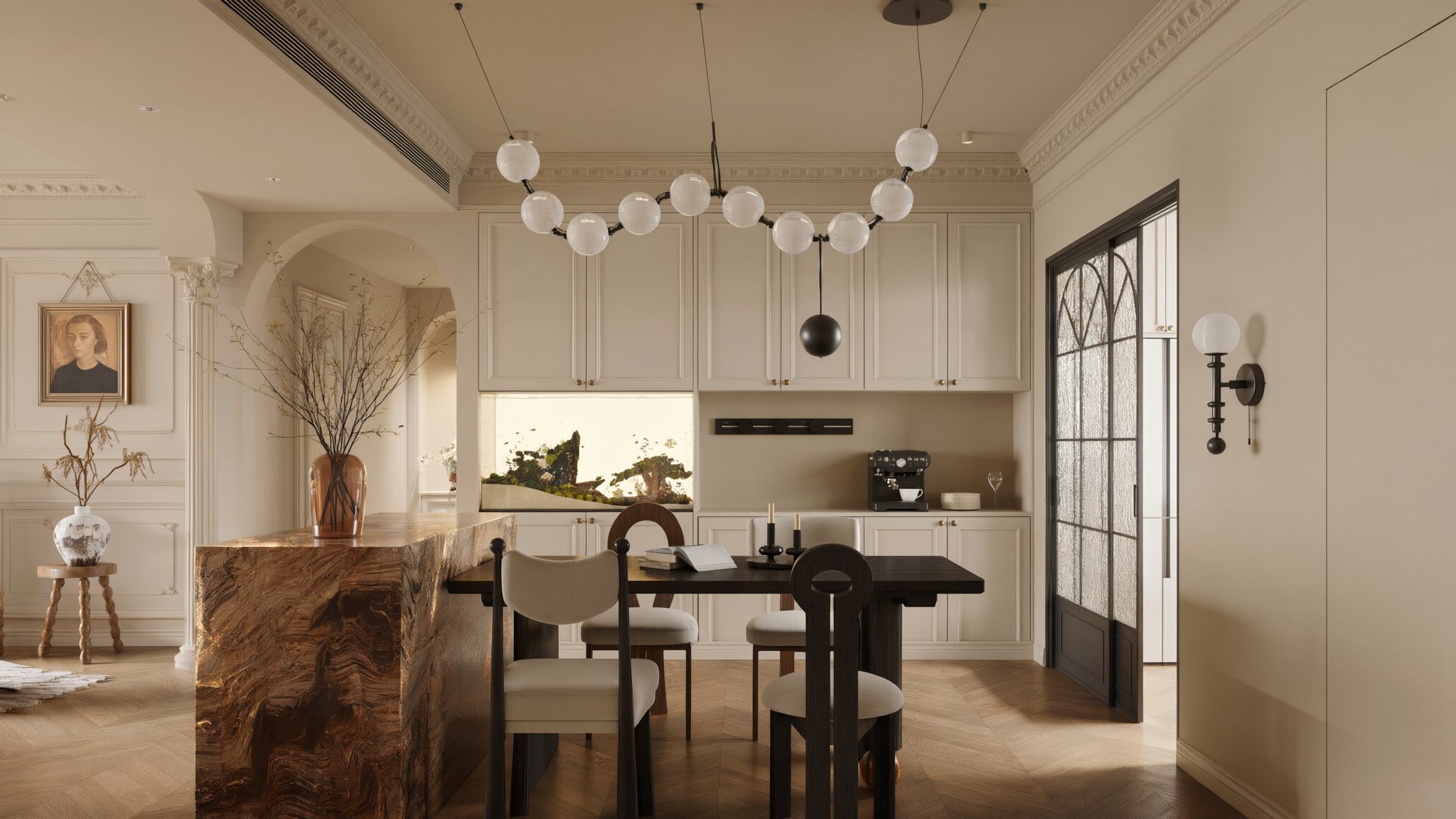 Creme Landhausküche mit hinterleuchteter Onyx-Insel