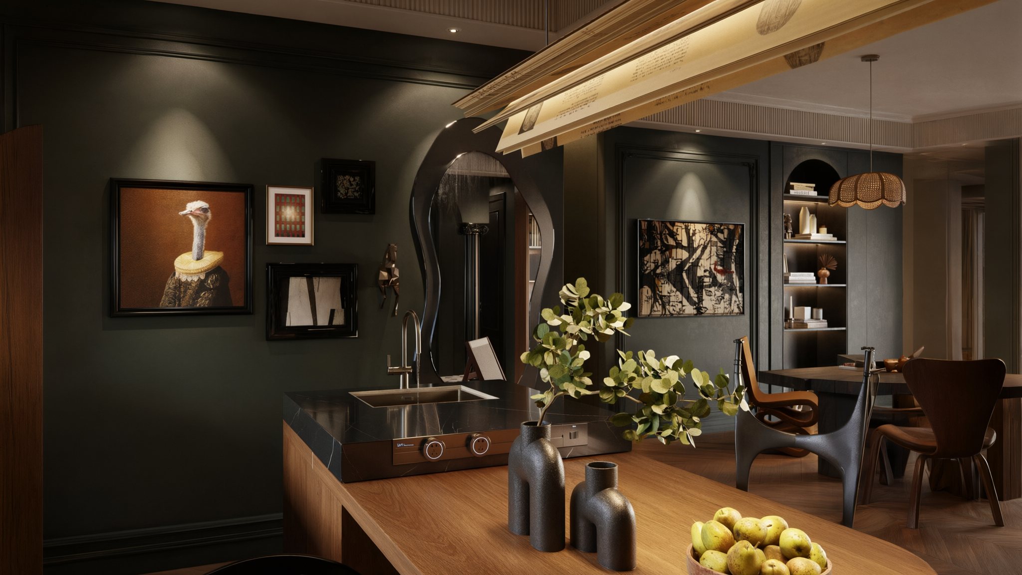 Nussbaum-Bar mit gerundeter Theke und warmem Regallicht